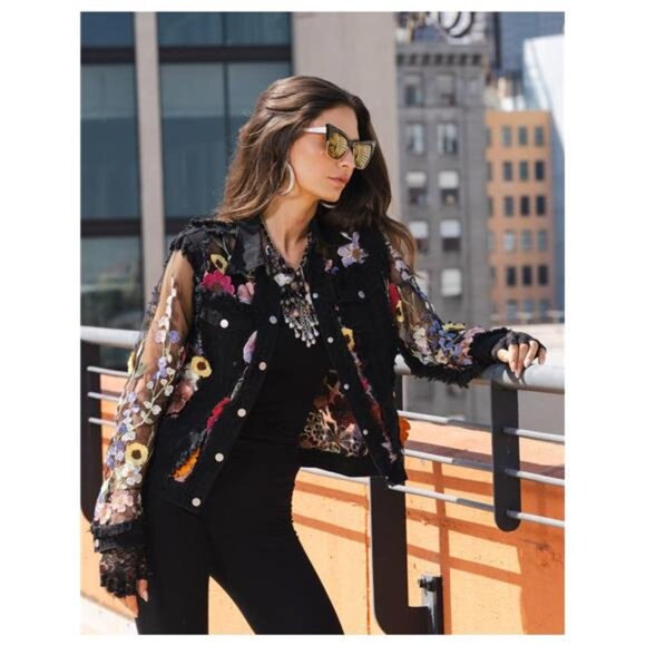 NWT - ADORE Black Denim Lace Jacket with Floral Embroidery - Picture 2 of 6